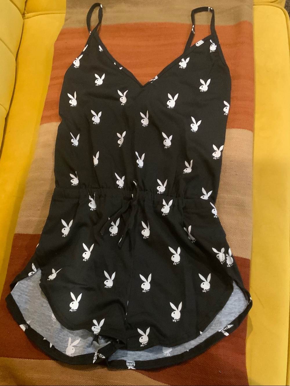 PLAYBOY Black Romper with White Bunny Print